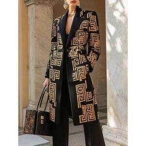 Long Sleeves Loose Buttoned Contrast Color Pockets Notched Collar Woolen Coat